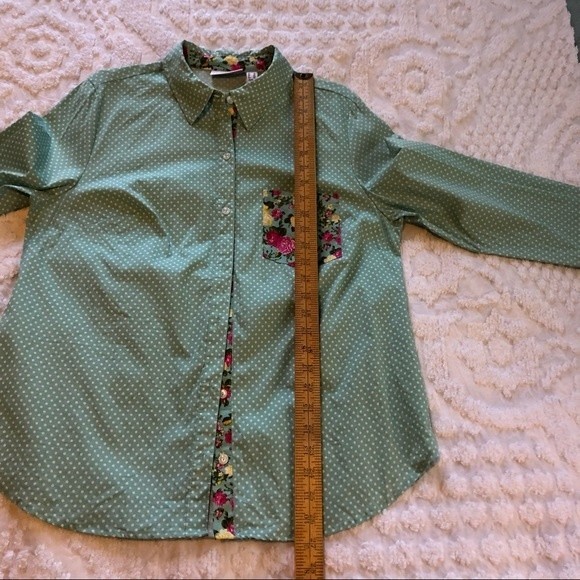Susan Graver Button down Blouse, sz 12, aqua polka dot & floral, cotton/spandex - Picture 5 of 8